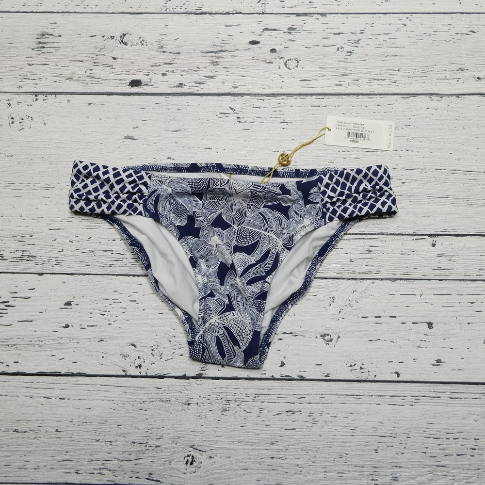 Helen Jon Bikini Bottom Womens XS Blue White Tab Side Hipster Isla Sol Swim USA
